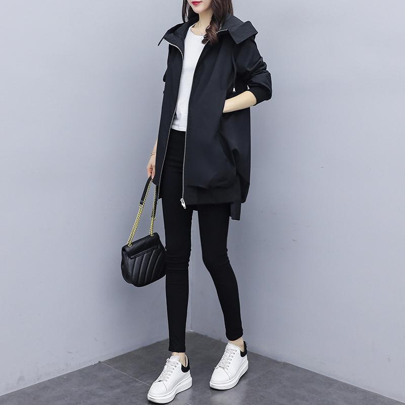 Khaki Loose Korean-Style Mid-Length Hooded Trench Coat for Women - Black Temperament Outerwear for Spring and Autumn