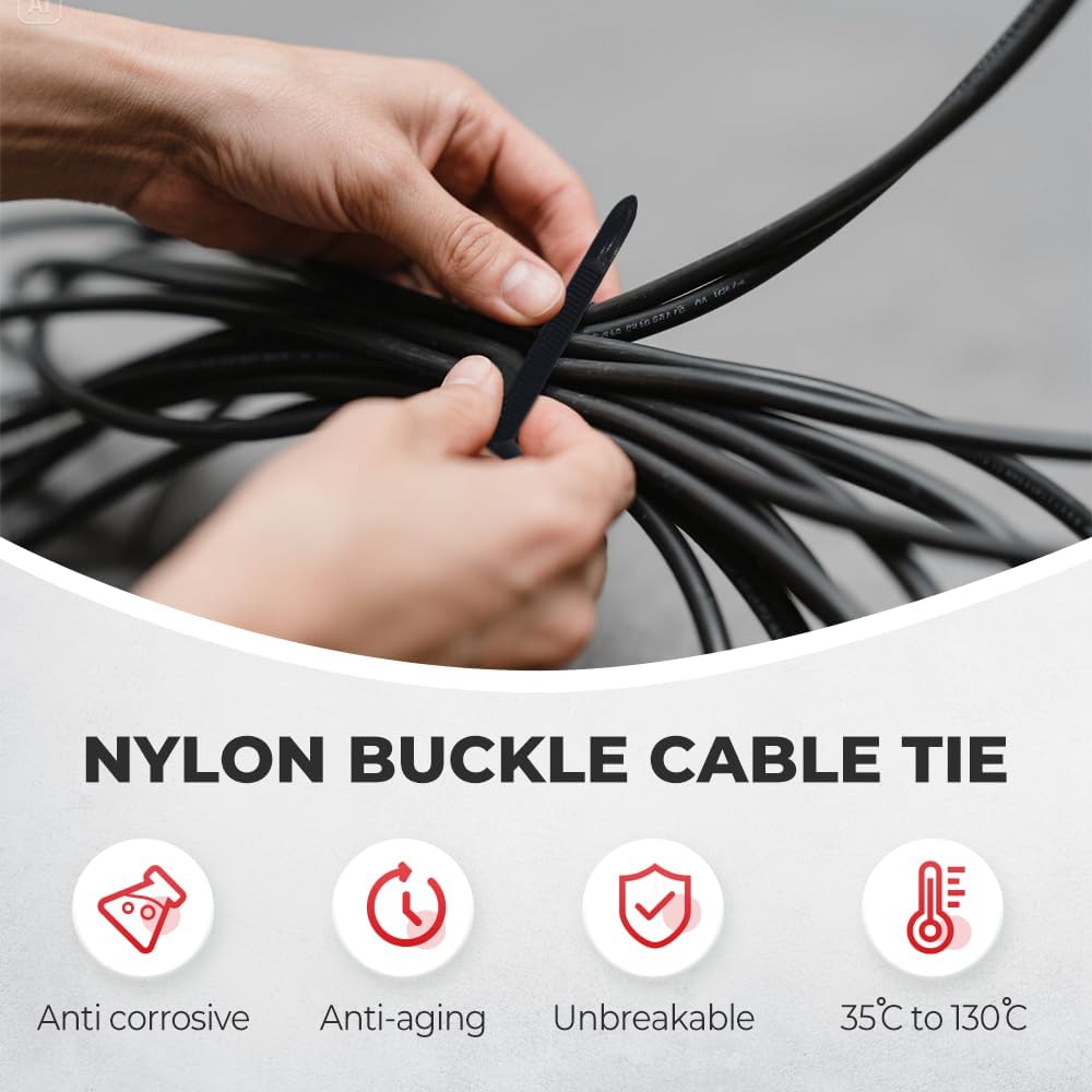 Cable Binder Black, 2025 New Nylon Cable Binder UV Resistant for Workshops, Electrical Installation Cable Management, Gardening, Residential (100 Pcs)