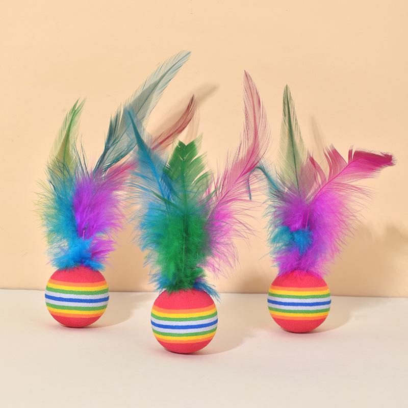 Rainbow Feather Ball Cat Toy, Interactive Pet Toy Ball for Playing and Walking Cats