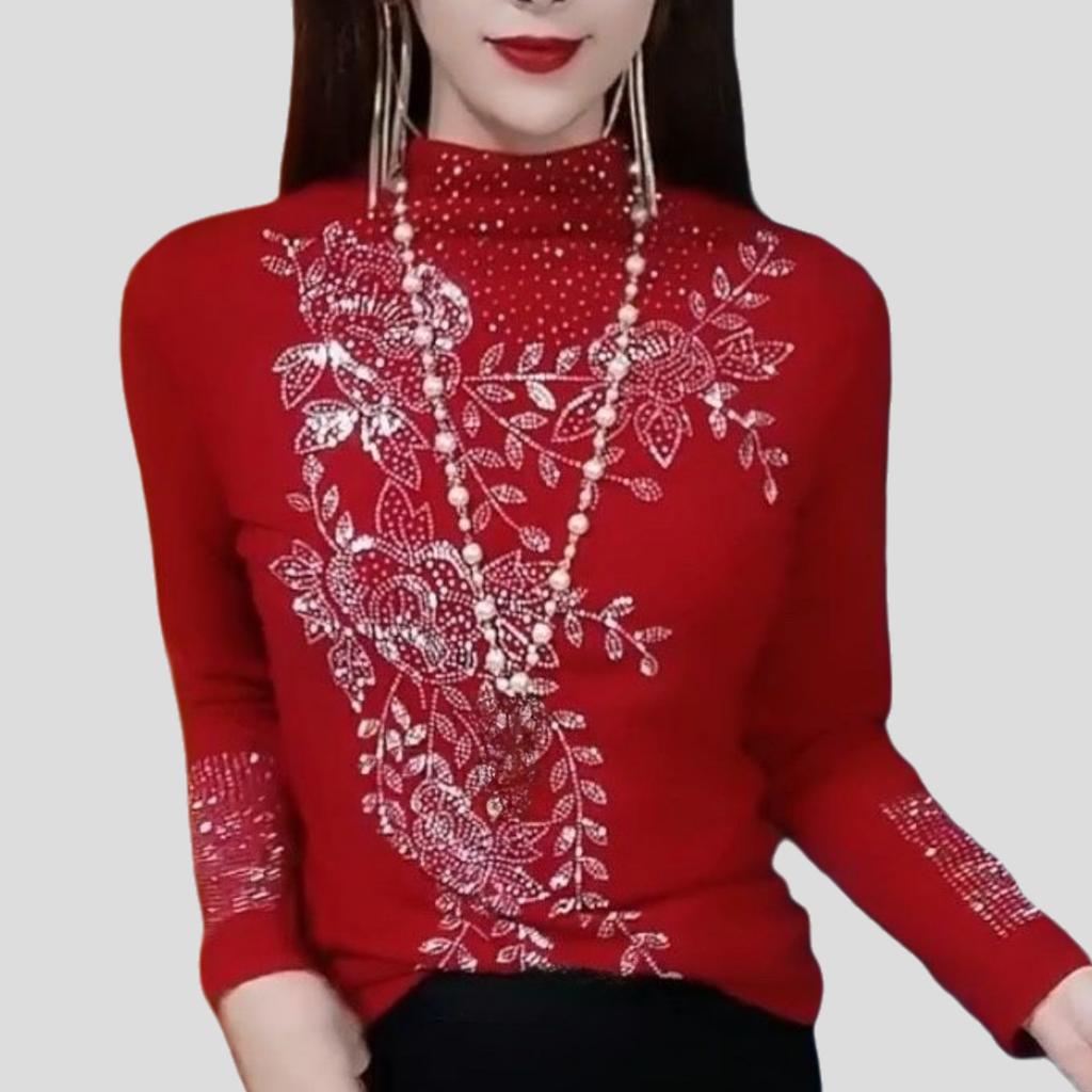 Autumn Winter Women's Fleece-lined Base Shirt Soft and Warm Double-sided Fleece Base Shirt Rhinestone Slim-fit Long-sleeve Stretch T-shirt