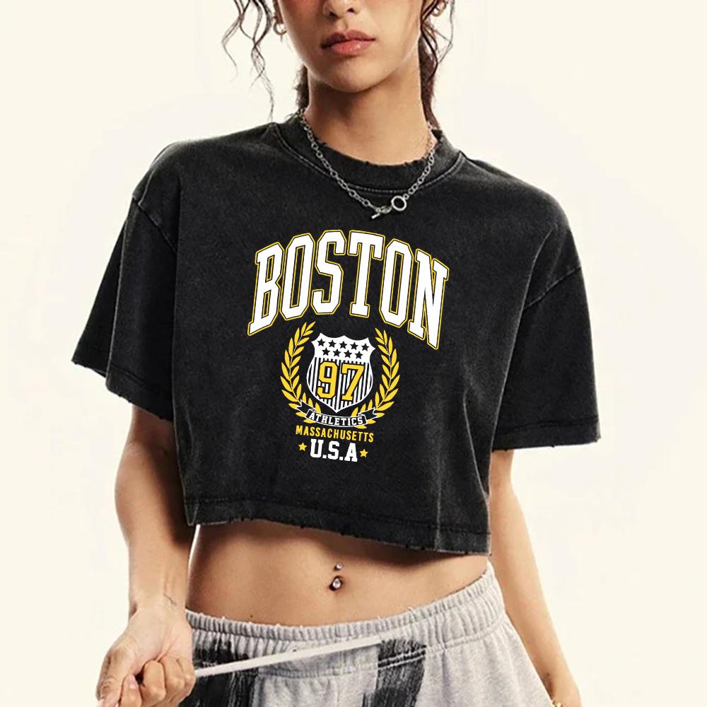 

Boston Usa Creative Letter Printing Washed Crop T-Shirt Women Fashion Cotton T-Shirts Casual Short Sleeve Top M