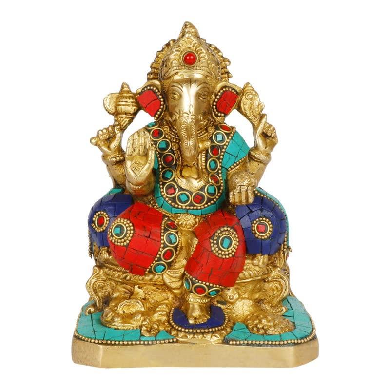 Идол Ганеши сидящий, из чистой латуни, разноцветный, Ганпати Баппа, Ганеш - 6,5 дюйма
