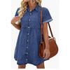 Abiti Camicia in Denim da Donna Manica Corta Collo a Revers Vestito di Jean Monopetto Top Bordo Arricciato Ampio Abiti da Donna