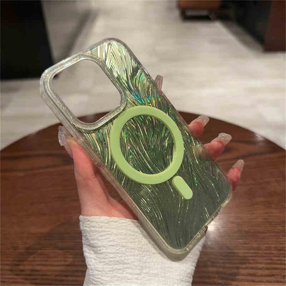 

Роскошный градиентный красочный блестящий узор перьев магнитный чехол для Magsafe для iPhone 15 14 13 12 11 16 Pro Max Plus твердый чехол For iPhone 13 ProMax зелёный