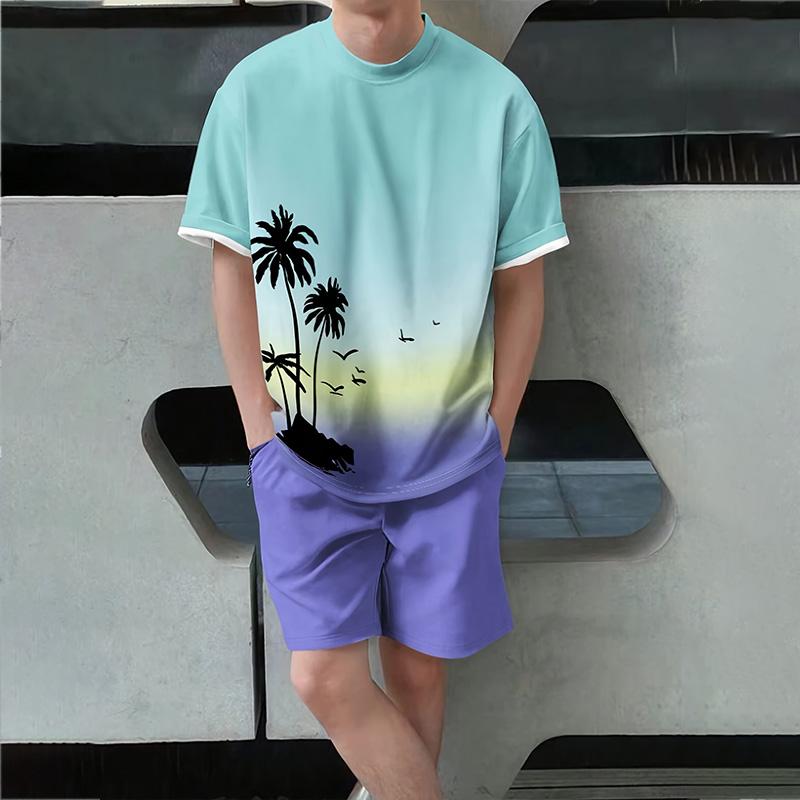 Stylish Men's Casual Suit Summer Breathable And Refreshing Suit Beach Style Printed 3D Coconut Oversized Men's Loose Top