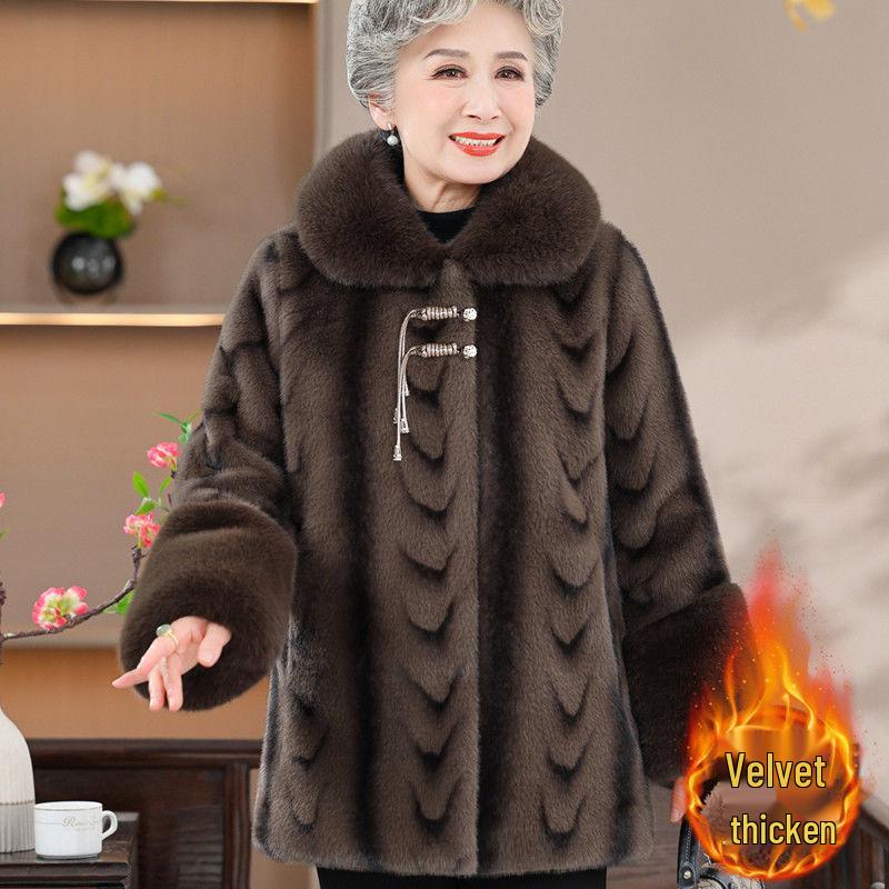 Cozy Retro Fleece-Lined Coat for Elderly Women - Fashionable Autumn/Winter Outerwear for Ages 60-70