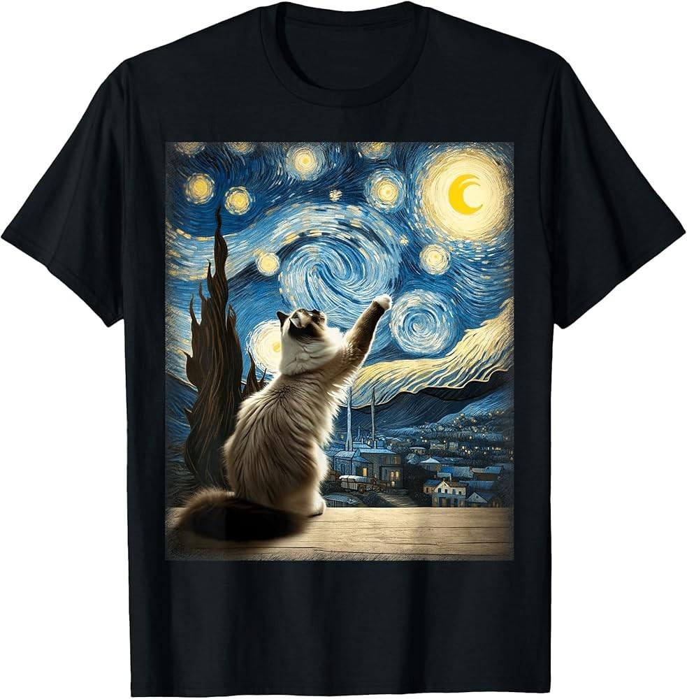 Van Gogh Starry Night Style Artistic Ragdoll Cat TShirt Unisex T-Shirt S