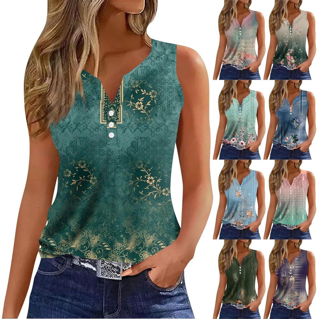 Tricou de damă Tricou imprimat cu nasturi Fără mâneci Zilnic Weekend Moda Basic Decolteu în V Top obișnuit