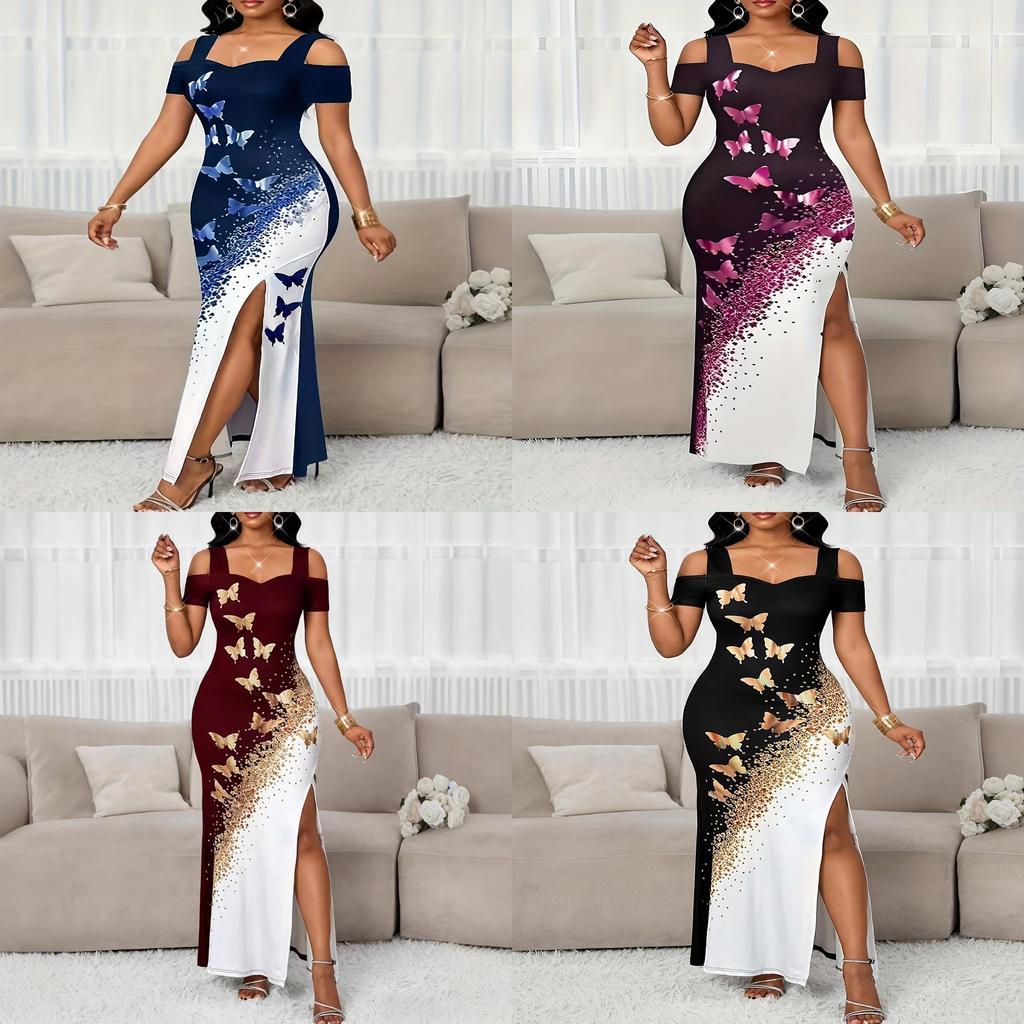 Elegantes Slip-Kleid mit Schmetterlingsdruck und Schlitz für Urlaub und Strandmode