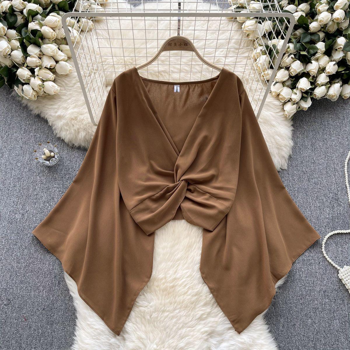 

Женский плюс размер новый V-образный вырез с длинным рукавом короткий шифоновый топ с перекрученными роговыми вставками one size темно-коричневого