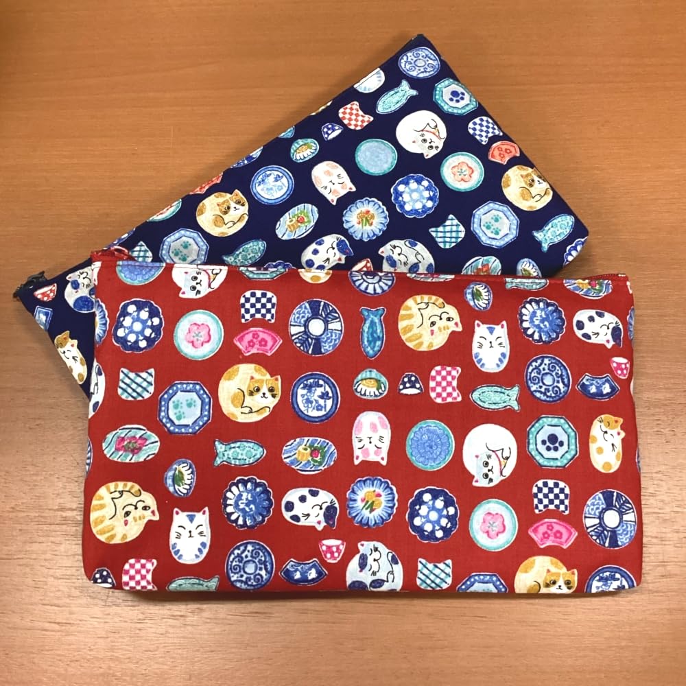 Kyosuke Made in Japan Large Cotton Pouch for Cosmetics and 23 x Small Item Cat and Dish Red Makeup, Approx. 13.5cm, Travel, Storage, Gusseted, Design,