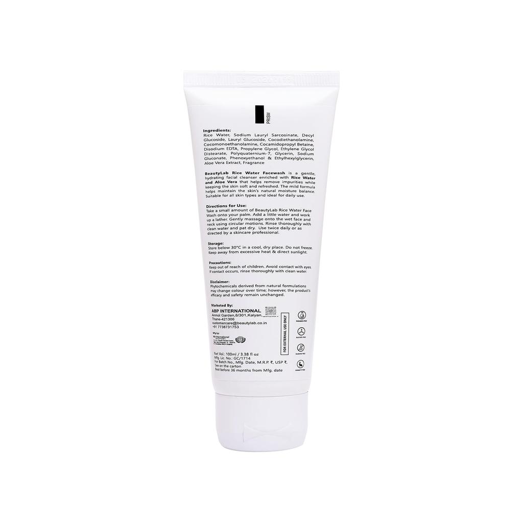 BeautyLab Rice Water Face Wash with Aloe Vera & Glycerin, Gentle Cleanser, Paraben Free, Sulfate Free, 100 Ml