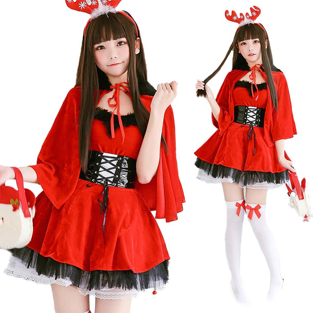 Milky Time 4-Piece Santa Costume Set for Women, Christmas Lolita Poncho, and Reindeer Headband