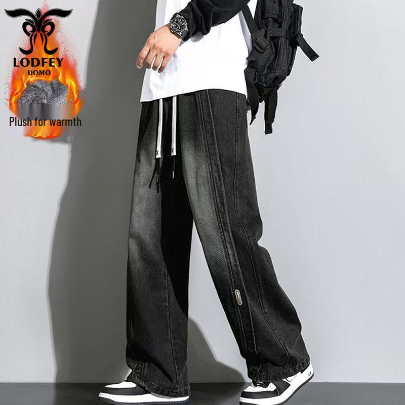 Longdafei Plus Size Men's Retro Straight Leg Jeans - Autumn/Winter Loose Fit Casual Pants