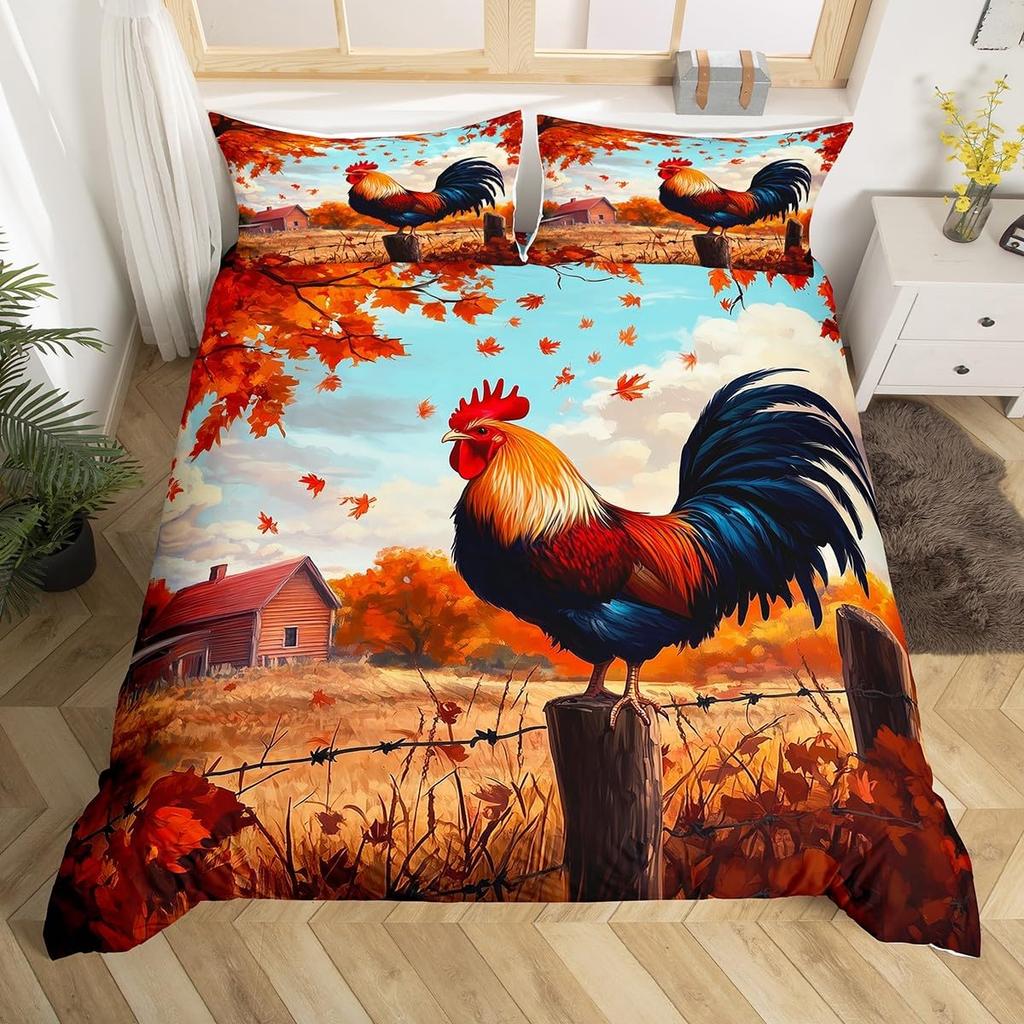 Rooster Duvet Cover Set Twin King Size,Watercolor Chicken Farmhouse Animal Bedding Set For Kids Boys Girls Floral Quilt Cover