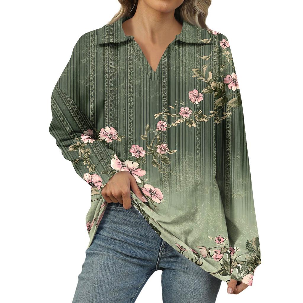 Women's Summer Fashion Casual  Printed V-Neck Long Sleeve Shirt Top
