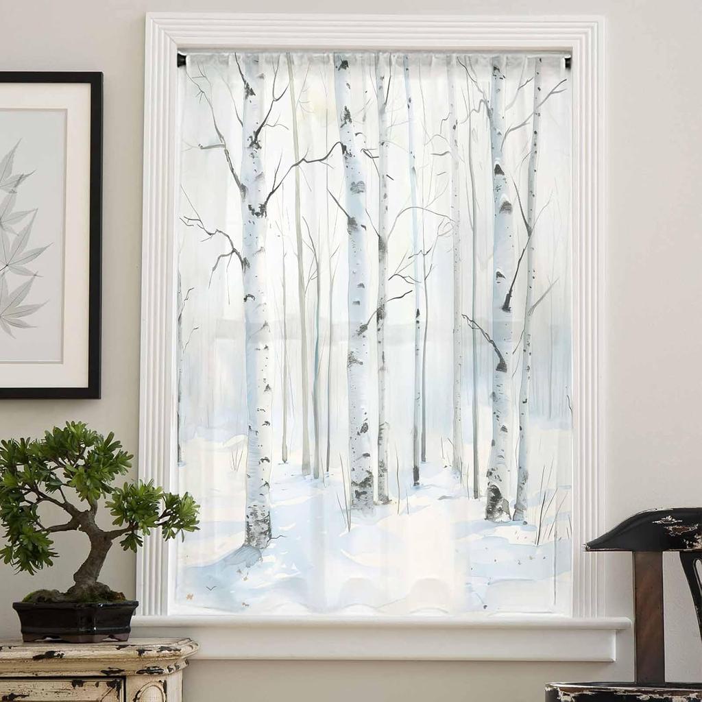 White Birch Semi Sheer Curtains Drapes for Living Room,Bedroom,French Doors Window 84 Inches Long,Watercolor Winter Snow Scenery Trees Forest Rod