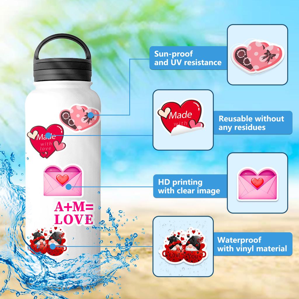 50 PCS Valentine Stickers Set - Romantic Heart Decals for Notebook, Gifts, DIY Decor