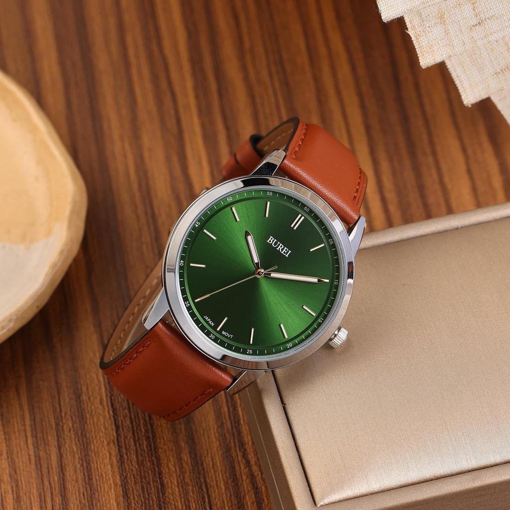 BUREI Men's Analog Quartz Watch Waterproof Leather Strap Silver Business Lightweight Easy-to-Read Simple Gift for Father (Green Brown)