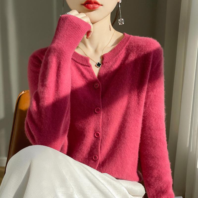 

2024 Кашемировый кардиган с V-образным вырезом: Женский универсальный свитер с длинным рукавом для весны, осени и зимы M красный/малиновый