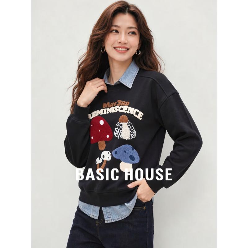 Basic House Women's Embroidered Letter Cartoon Loose Sweatshirt