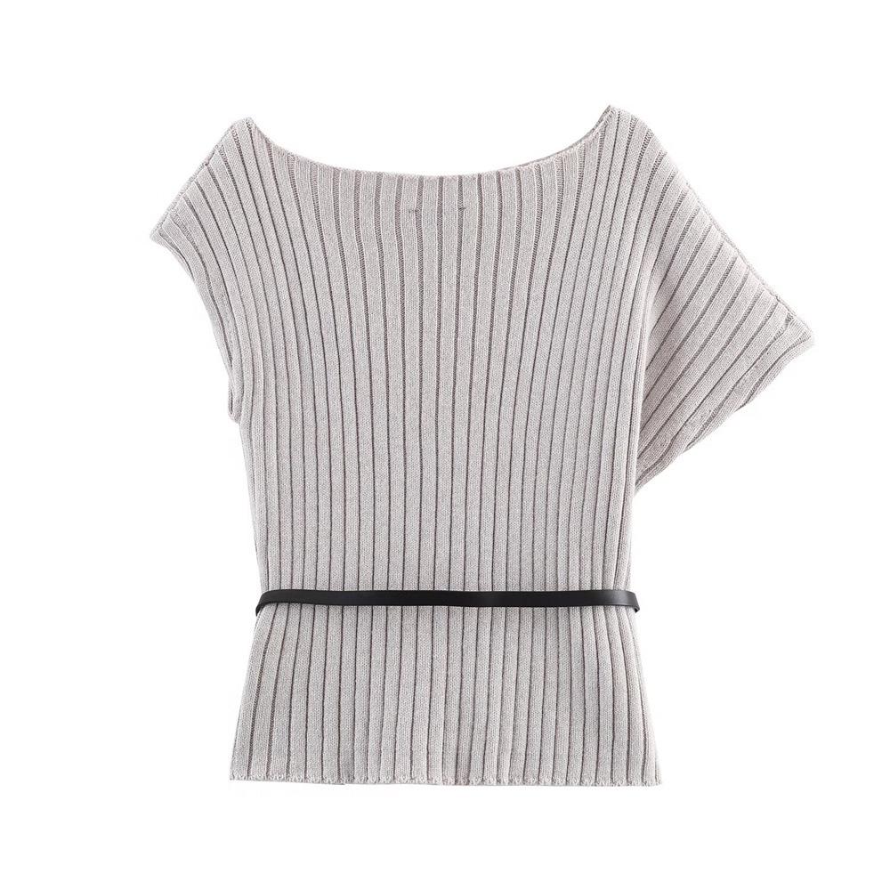 Autumn Women's Asymmetrical Ribbed Knit Pullover Sweater with Waistband
