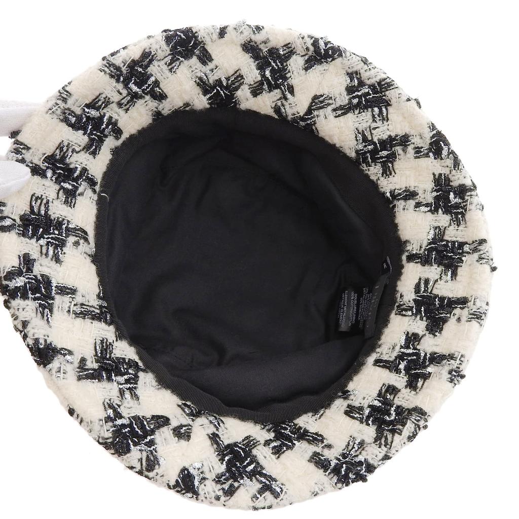 Ausgezeichneter CHANEL Hut COCO Mark Hahnentritt Tweed Hut Weiß schwarz Wolle Damen M 21V Gebraucht