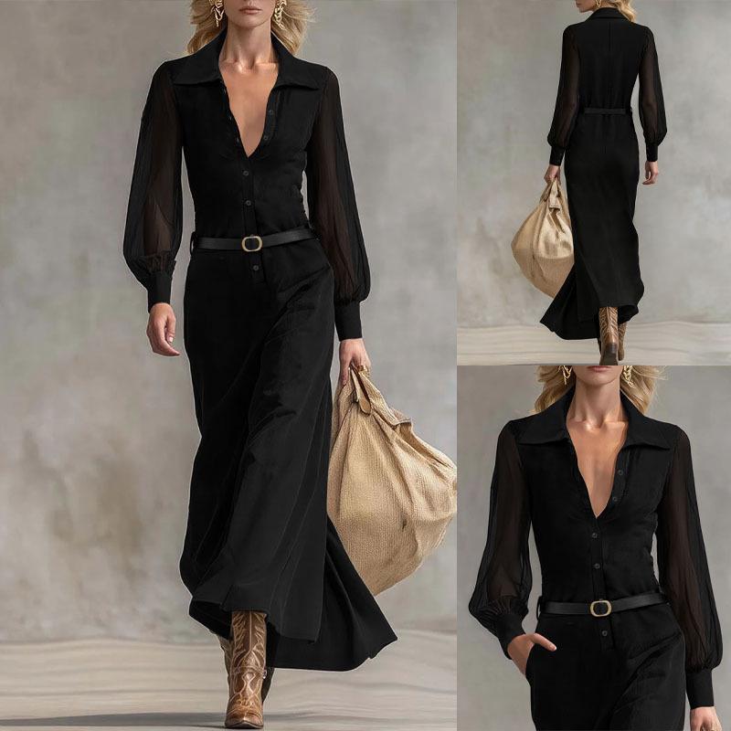 French Elegant Black Mesh Long Sleeve Waist-Cinching Slim Dress for Women