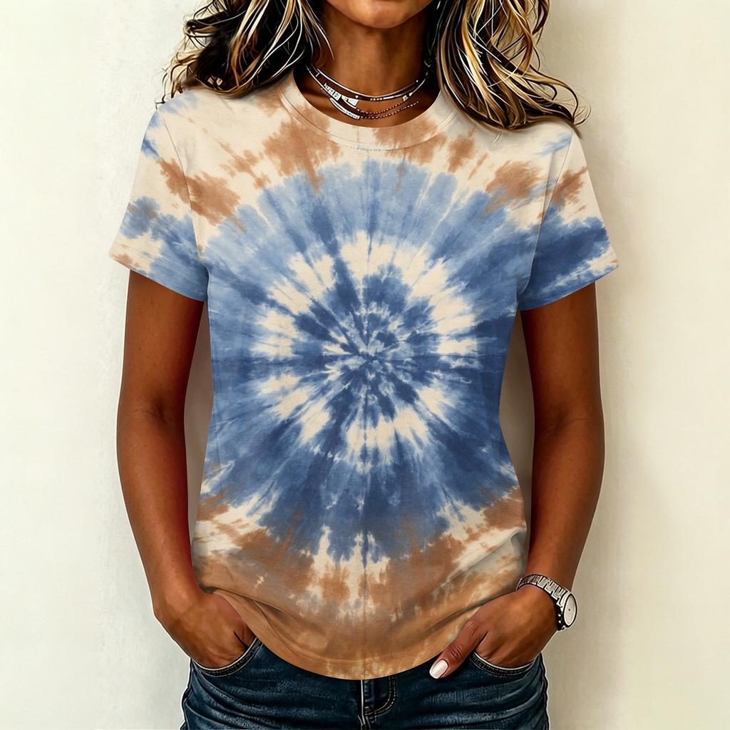 Women's Casual Pullover T Shirt Short Sleeve Round Neck Tie Dye Print Top Lightweight Comfortable Fit
