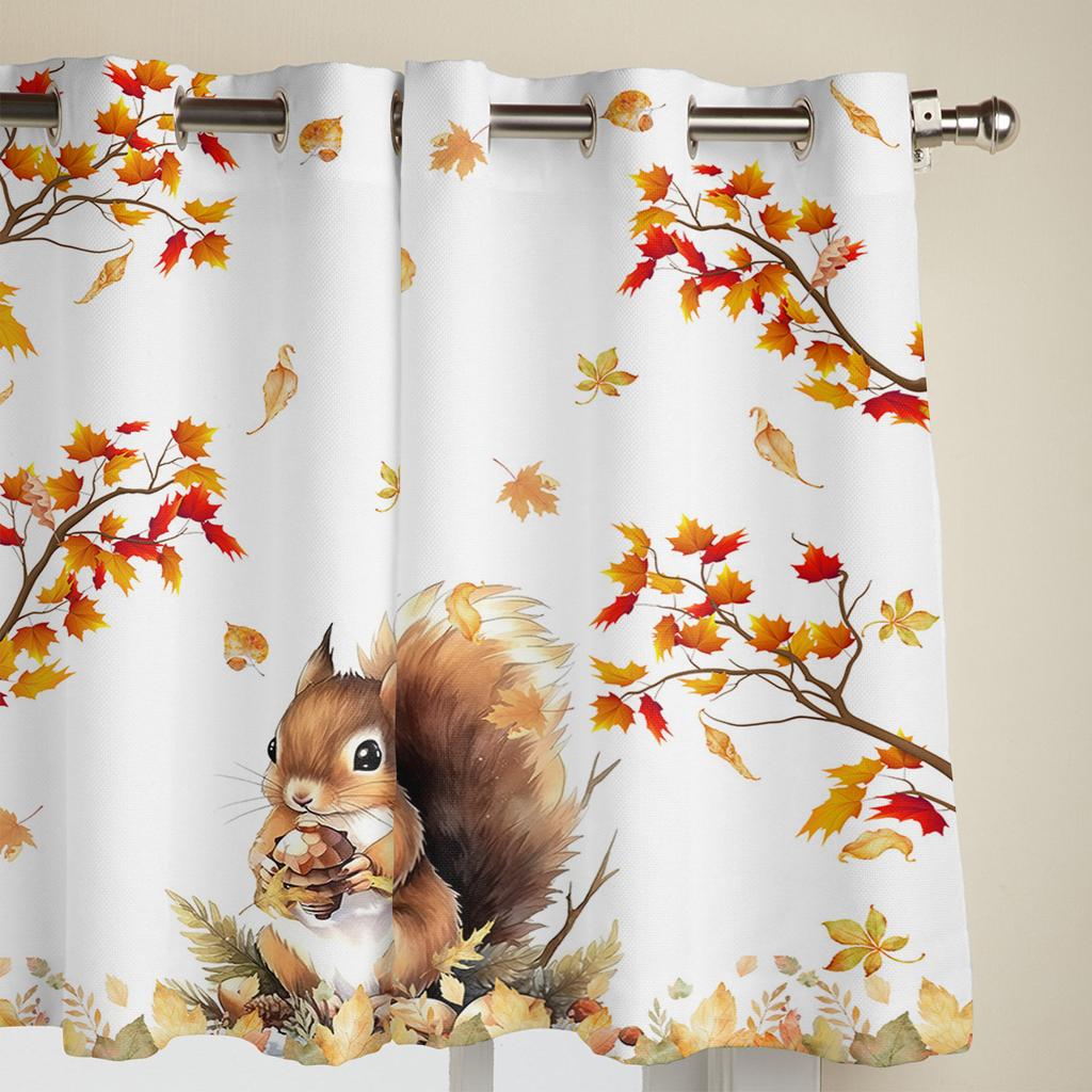 Fall Squirrel Maple Leaf Curtains for Bedroom Living Room Window Curtain Treatments Blinds Kitchen Home Decor Drapes