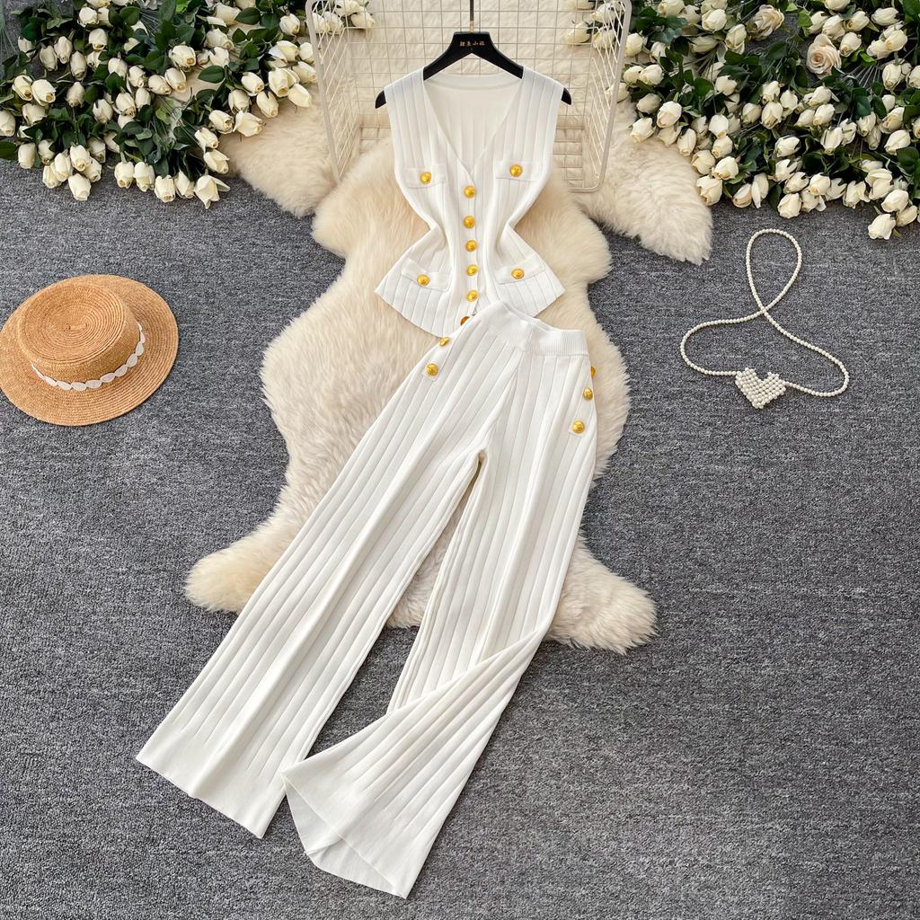 Casual Knitted Sweater Two Piece Sets for Women Metal-button V-neck Sleeveless Fitted Versatile Knit Top and Casual Pants Set