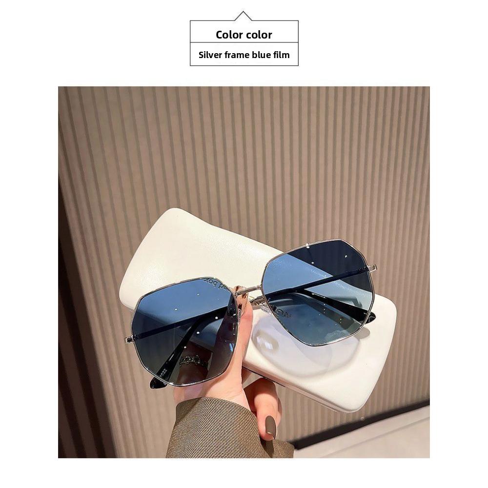 Transparent Blue Versatile Sunglasses Men's and Women's Polygonal Metal Driving Sunglasses Korean Version Tide Seaside Travel Glasses Women