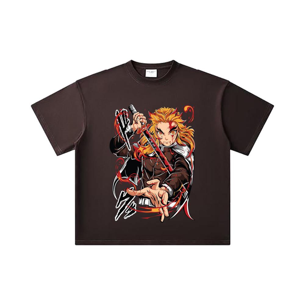 260 GSM Double Yarn 32 Count 100% Cotton Demon Slayer V85 Rengoku Print Unisex Heavy Cotton T Shirt