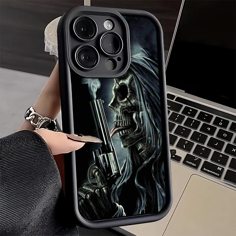Coque de téléphone pour iPhone 17 Air 16E 15 16 Pro Max Crâne Squelette Faucheur Couverture Pistolet 14 Plus 13 12 Mini Coque Souple Silicone Fundas