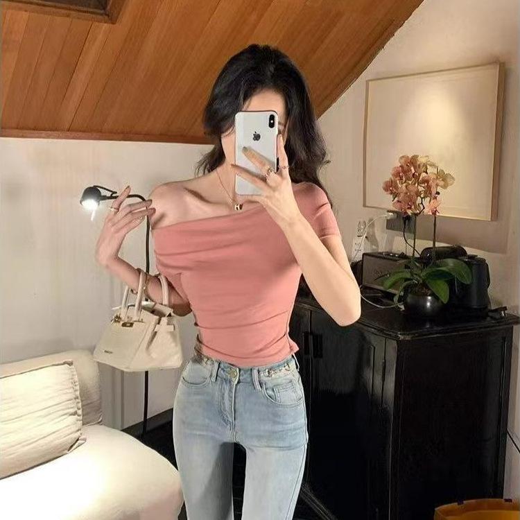 Design Swing Neck Short Sleeve T-Shirt Women's Summer New Waist Slim Fit Sweet Trend Top