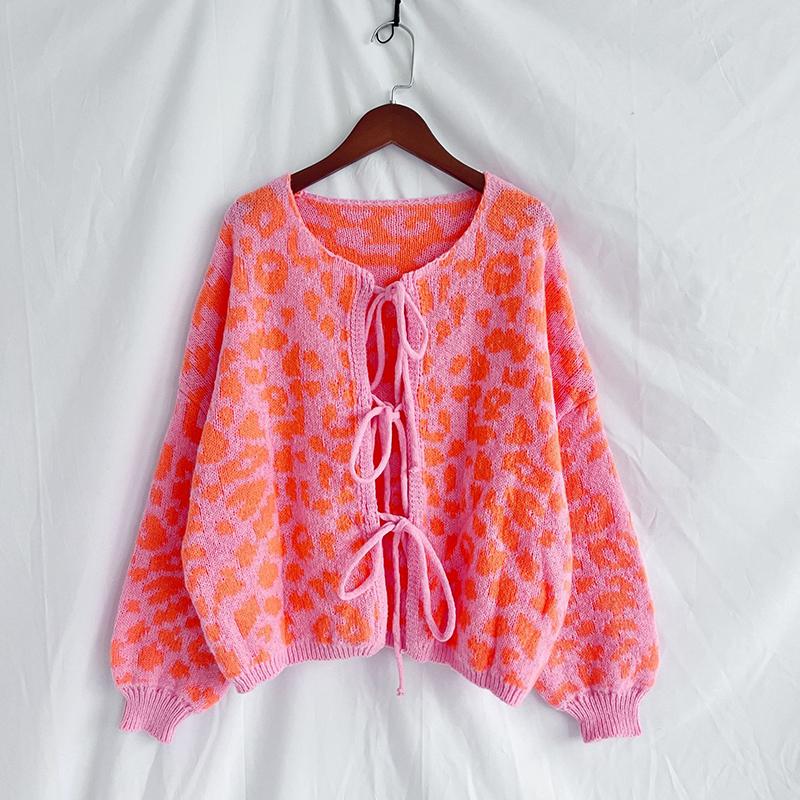 New In Leopard Print Round Neck Lace-up Knitted Cardigan Women Autumn Winter Trendy Streetwear Sweater Coats