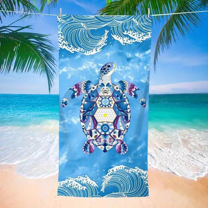 Serviette de Plage Bohème Ethnique Tortue de Mer Séchage Rapide Sans Sable Couverture de Plage Impression Vagues de l'Océan Serviette de Voyage Douce Légère