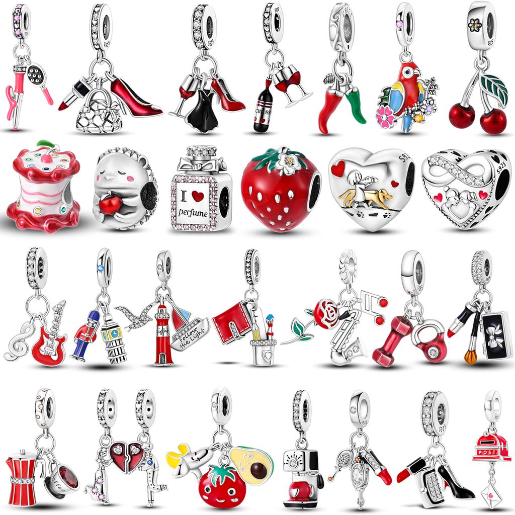 Heart Strawberry Color Charms Bead Lipstick High Heels Copper Red Dangle Fit Original Bangle Bracelet Diy Jewelry