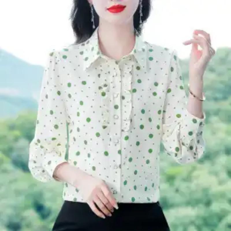 Women's Premium Polka Dot Print Long Sleeve Shirt Ruffle Trim Satin Blouse Elegant Casual Spring Autumn Top