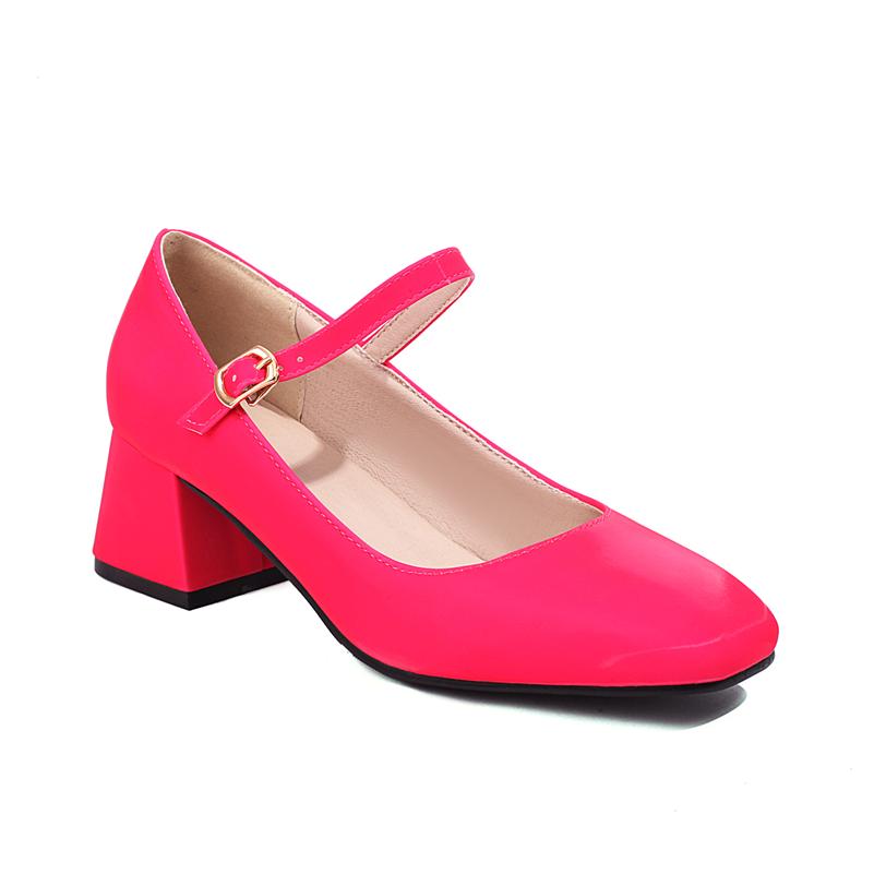 Sapatos Femininos Mary Janes de Couro PU Salto Médio Grosso Bico