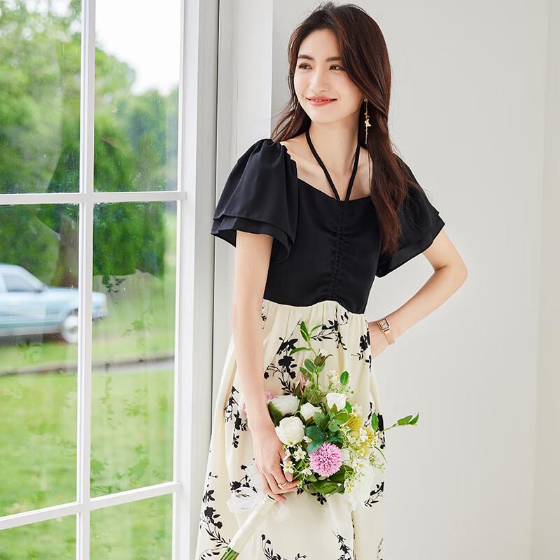 VICTORIA&VERA Floral Print Puff Sleeve Faux Two-Piece A-Line Mid-Length Dress