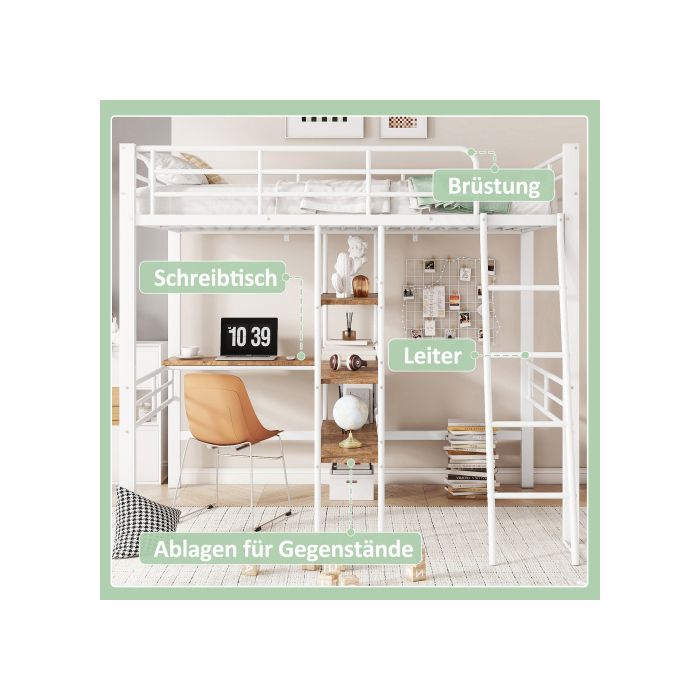 Lit mezzanine - MUVOE - 90x200cm - Bureau intégré - Échelle sécurisée - Blanc