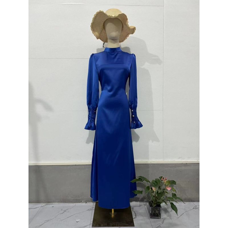 

Fashion New Arrival Ruched Waist Trimming Lace up Stylish Dress Lace up Waist Cinched Dress Blue M