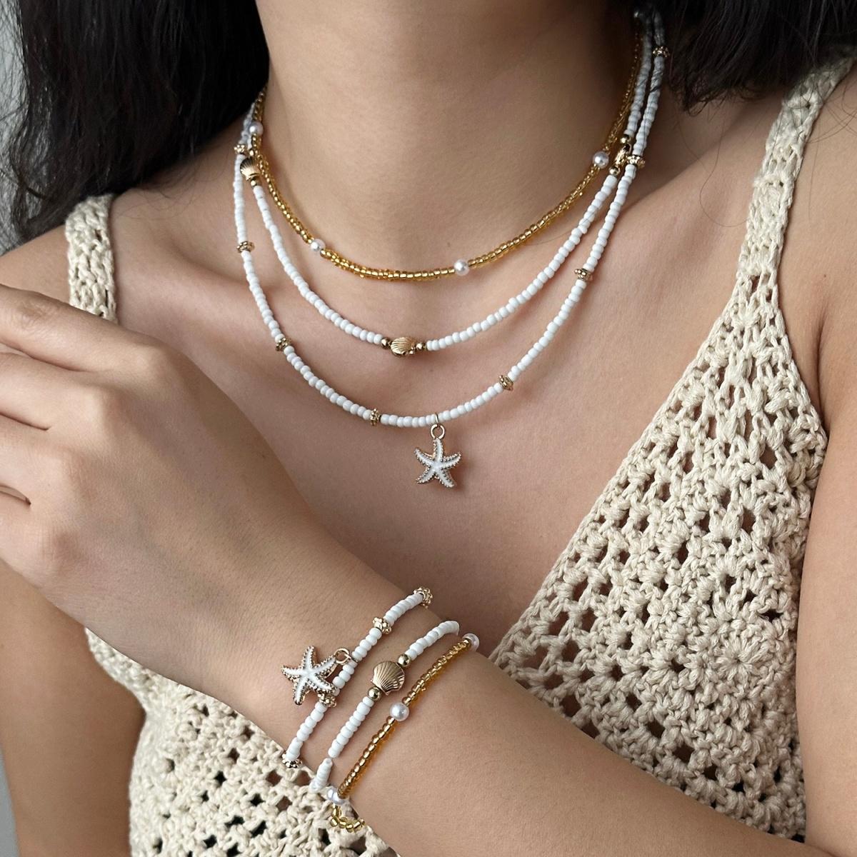 Summer Vacation Ocean Style Starfish Shell Rice Beaded Necklace Bracelet Set For Women Men Bohemian Sea Star Beach Jewelry Set