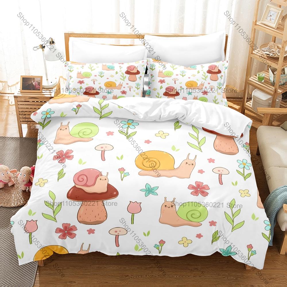 Kawaii Snail Pattern 3-Piece Bed Set Comfortable Lightweight Duvet Cover Pillow Shams Lovely Animal Print Bedding Kit Children
