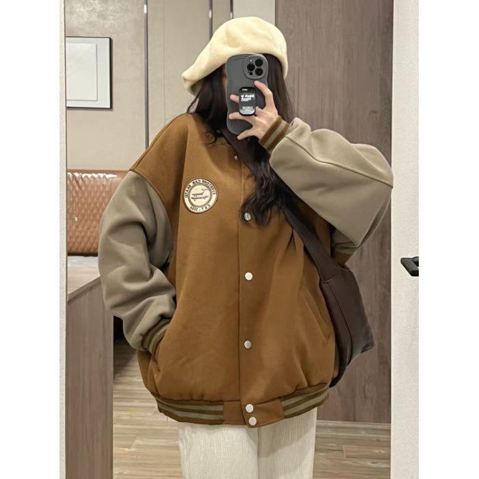 Women s Retro American Academy Style Baseball Jacket - Loose Casual Fit Double Extra Large коричневый