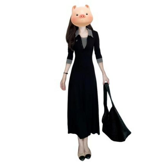 French Plus Size V-neck Polo Dress for Women 2025 – Slimming Waist, Long Dress for Spring/Autumn