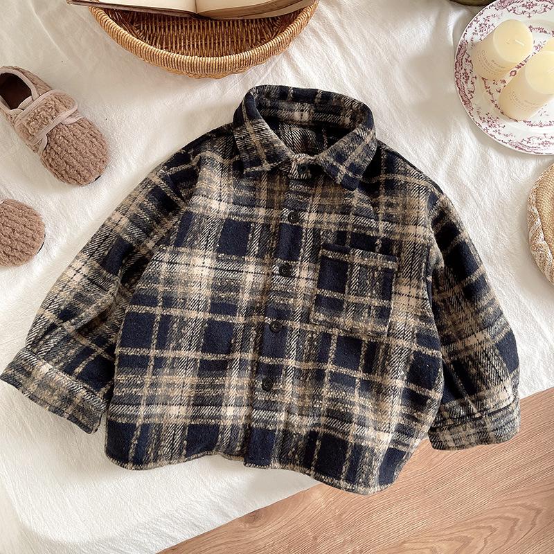 Boys Autumn Winter Retro Plaid Shirt Korean Collar Long Sleeve Casual Top 80