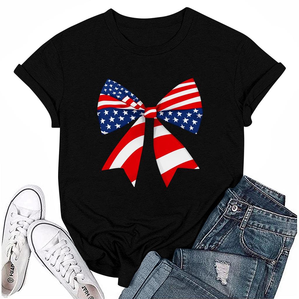 Adults Casual Daily Round Neck Independence Day Printed Short Sleeved T-shirt Letter Top