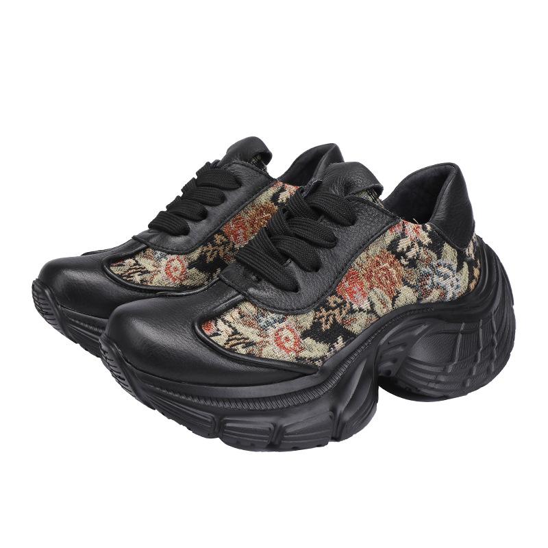 Johnature Dámské boty Pravá kůže Vyšívaná Silná podrážka Šněrování Sportovní styl Ležérní boty na ploché platformě